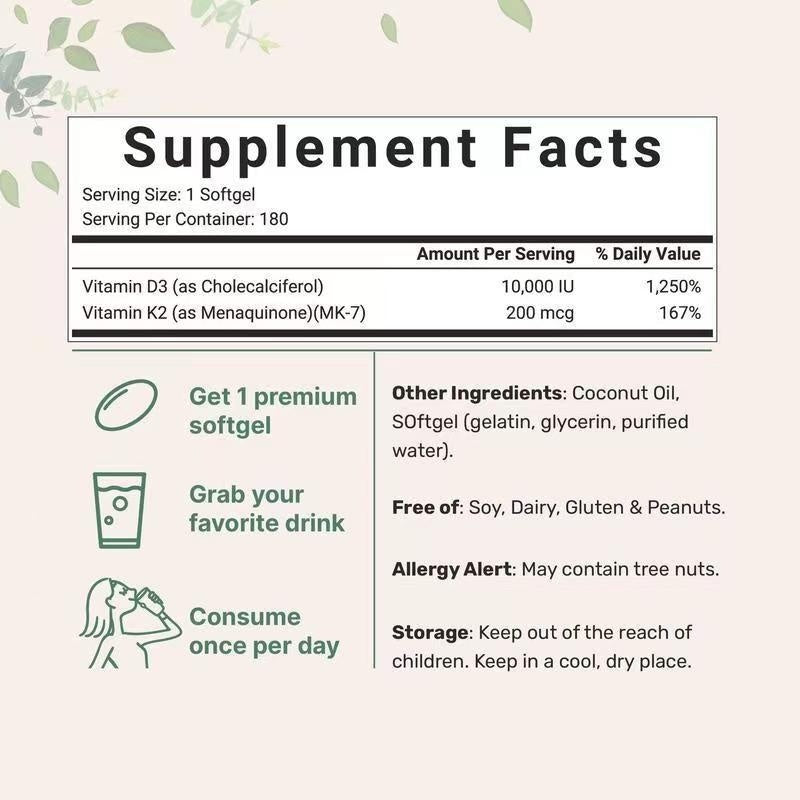 Vitamin D3 & K2 Soft gels 10,000 IU + 200 mcg with Coconut Oil | 180 Count