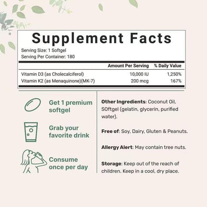 Vitamin D3 & K2 Soft gels 10,000 IU + 200 mcg with Coconut Oil | 180 Count