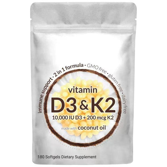 Vitamin D3 & K2 Soft gels 10,000 IU + 200 mcg with Coconut Oil | 180 Count